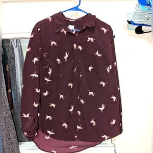 A New Day Maroon Crane Print Dress Shirt XXL
